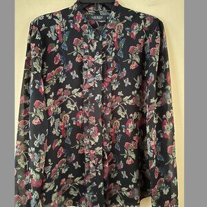 Lauren Ralph Lauren X-LARGE Black Sheer Floral Button Up Ruffle Neckline LINED